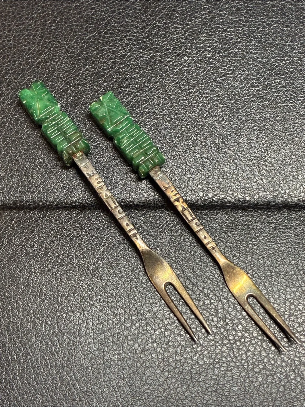 Vintage Mexican Sterling and Jade Cocktail Forks Set of 2